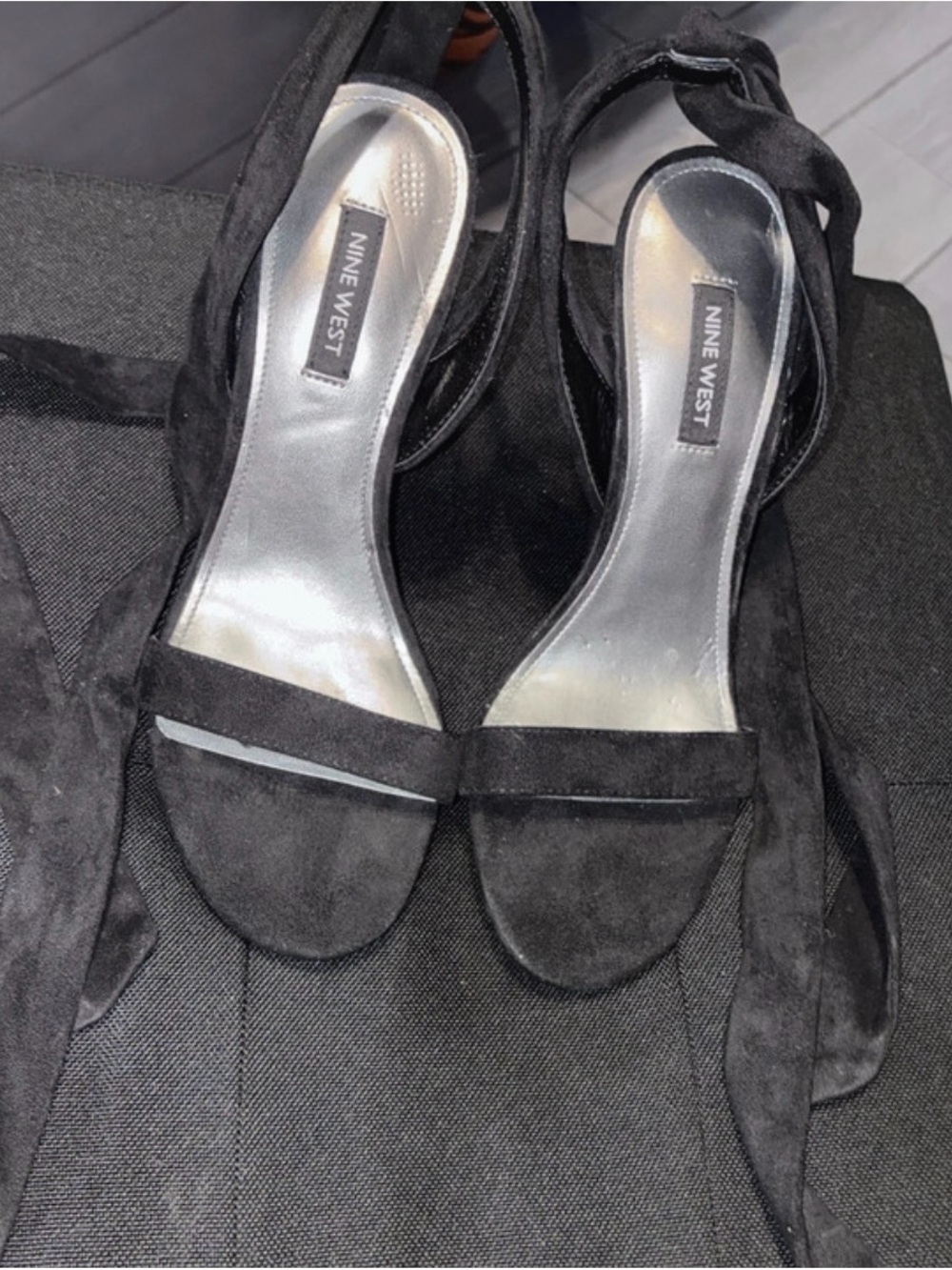Nine West Black Suede Open-Toe Ankle Tie Heels